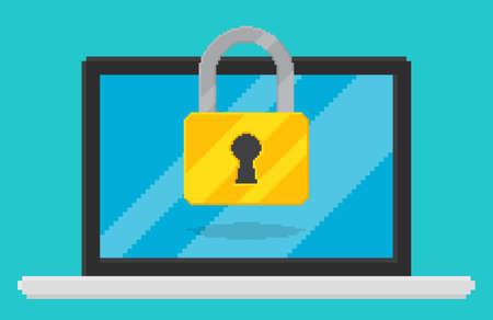 Pixel art style vector illustration of lockpad on laptop screen. Security vector illustration, flat cartoon design desktop pc with, concept of firewall protection, privacy access, privateのイラスト素材
