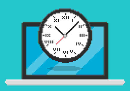 Pixel art style vector illustration of clock on laptop screenのイラスト素材