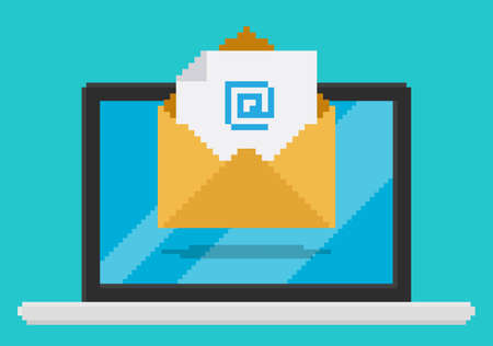 Pixel art style vector illustration of opend email with email sign, on laptop screen.のイラスト素材