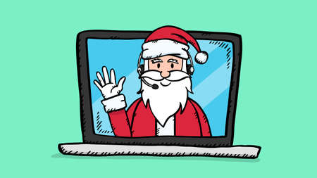 Hand draw vector doodle of Santa Claus with headphones on laptop screen. Colorful illustration in sketch style.のイラスト素材