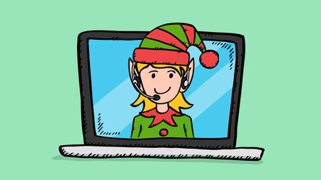 Hand draw vector doodle of Elf girl with headphones on laptop screen. Colorful illustration in sketch style of customer service support.のイラスト素材