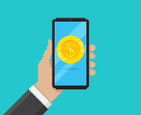 Pixel art vector illustration of hand holding mobile with gold digital dollar coin application on screenのイラスト素材