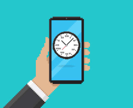 Pixel art vector illustration of hand holding mobile with digital clock app on screenのイラスト素材