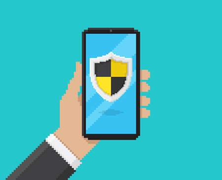 Pixel art vector illustration of hand holding mobile with antivirus protectionのイラスト素材