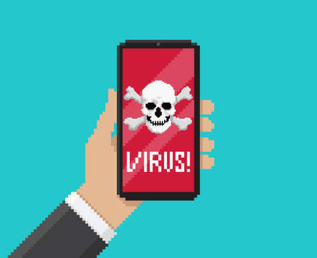 Pixel art, vector illustration of hand holding mobile with virus notification on screenのイラスト素材