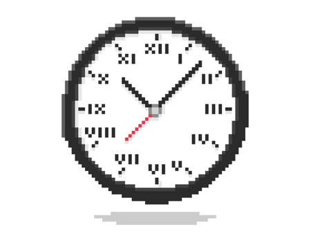 Vector flat design pixel art of round clock icon. Object is isolated on white backgroundのイラスト素材