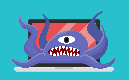 Pixel art, vector of computer virus attacking laptop. One eyed monster is a symbol of computer virus. Illustrationのイラスト素材