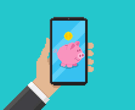 Pixel art, vector illustration of hand holding mobile with piggy bank app on screenのイラスト素材