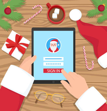 Santa Claus is log in to his digital account - flat design vector illustrationのイラスト素材