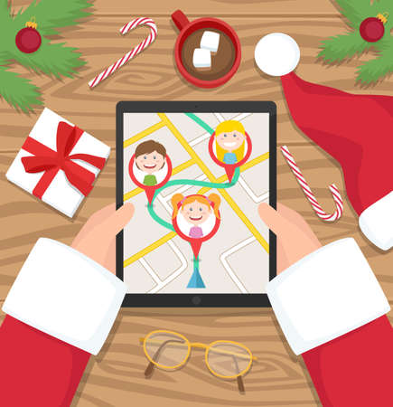 Santa Claus is planning his road to children - flat design vector illustrationのイラスト素材