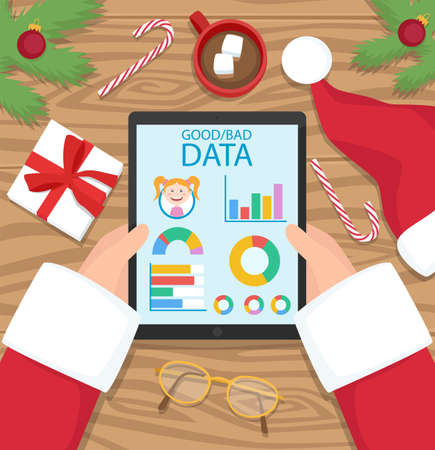 Santa claus is holding tablet and watching data of girl behavior, if there were good or bad - vector flat design illustrationのイラスト素材