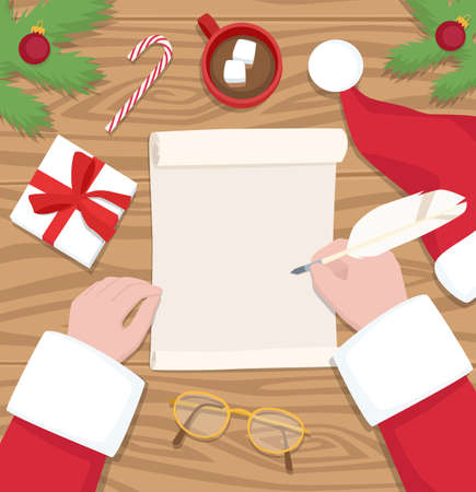 santa claus writes letter on his desk - flat design vector illustration.のイラスト素材