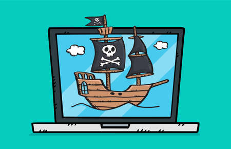 Colorful doodle of laptop with sailing pirate ship on screen. Hand drawn vector illustration.のイラスト素材