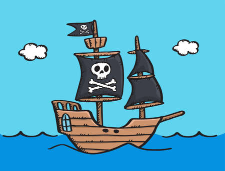 Colorful doodle of sailing pirate ship. Hand drawn vector illustration.のイラスト素材