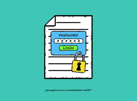 A hand-drawn illustration of a document with locked access. The document is protected by the password needed to open it.のイラスト素材