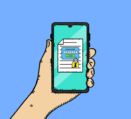 Illustration of a hand holding a phone with a document to which access is blocked. Access to the document is protected by the password needed to open it.のイラスト素材