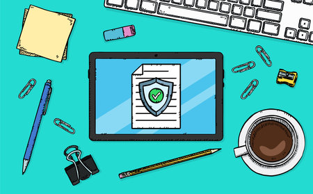 Cyber security and data protection concept. Tablet computer with antivirus shield on screen, coffee cup, stationery, pencils, eraser, eraser, eraser, paper clips. Vector illustrationのイラスト素材