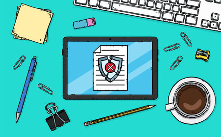 Tablet computer with antivirus shield and office supplies. Vector illustration.のイラスト素材