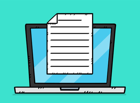 Hand drawn illustration of text document showing on laptop screen. Doodle vector file.のイラスト素材