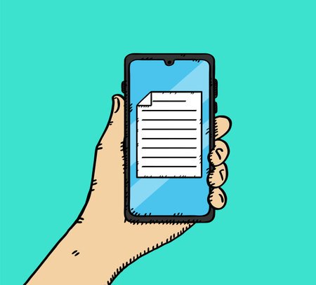 Doodle illustration of hand holding mobile phone with text document on screen. Sketch style hand drawn vector.のイラスト素材