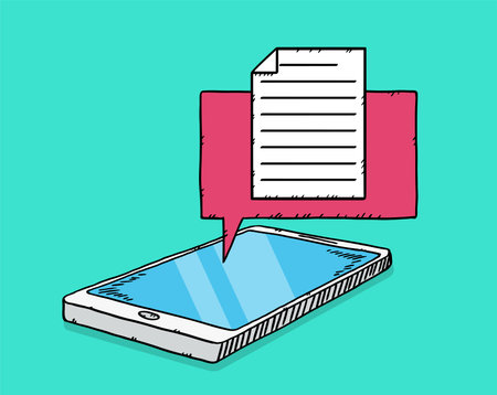 Hand drawn illustration of text document showing on message bubble from mobile phone screen. Doodle vector file.のイラスト素材