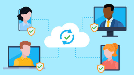 Team communication via cloud connection. The connection is secured with antivirus protection. Characters appear on screens of different devices. Flat design vector.のイラスト素材