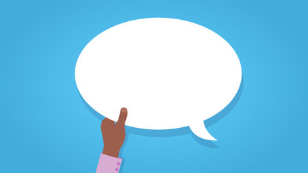 Hand pointing at empty speech bubble on blue background. Vector illustration.のイラスト素材