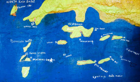 Hand painted Map of Raja Ampat Diving Spots on an Board, Indonesia. West Papuaの写真素材
