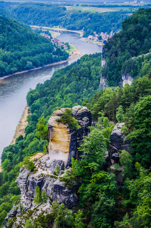 View from the Bastei to the river Elbe and sandstone rocks in Saxon Switzerland, Dresden, Germanyの写真素材