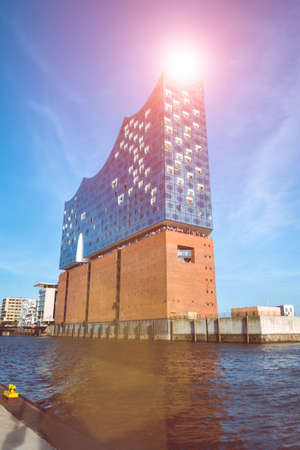 HAMBURG, GERMANY - May 28, 2017: The concert hall Elbphilharmonie with Sunflares aboveの写真素材
