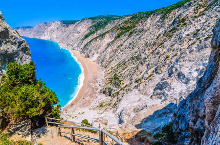 Famous Platia Ammos beach in Kefalonia island, Greece. The beach was affected by the earthquake in the spring of 2014 and it is very difficult to go down on the beachの写真素材