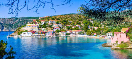 Assos village in beautiful azure cove in Kefalonia, Greece. Bannerの写真素材