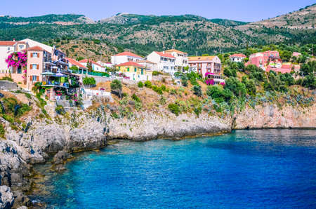 Assos village build on cliffs in Kefalonia, Greeceの写真素材