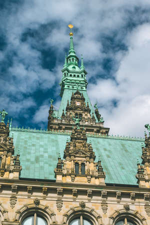 Close-up details of the vertical City Hall towers. Hamburg, Germanyの写真素材