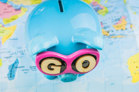 Saving piggy bank from TOP view. GO slogan on sunglasses . Pig is staying on the world map ready for travel.の写真素材