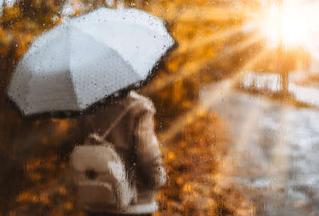 Beautiful golden autumn season. Watercolor like blurred blond girl with backpack and bright umbrella stands under rainy drops and droplets. Backlit sunset sun flares shining. Wet gray groundの写真素材