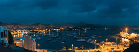 Mindelo in twilight. Port town with many boats in the bay on the Cape Verde in the northern part of...