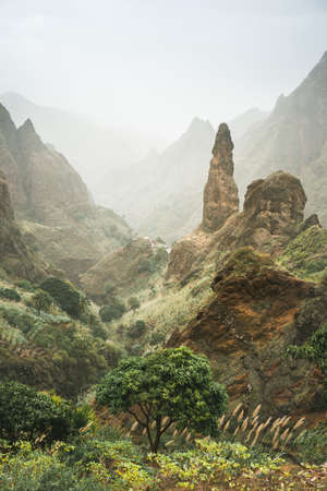 Mountain peaks of Xo-Xo valley of Santa Antao island, Cape Verde. Many cultivated plants growing in...