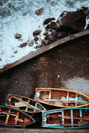 Traditional fishing boats in the harbor. View from above, view top-down. Ponta do Sol Santo Antao Cape Verdeの写真素材