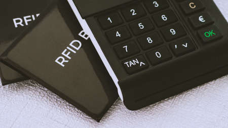 TAN generator and RFID protection sleeves for your secure credit cards agains hacker attackの写真素材