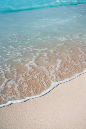 Blue transparent ocean wave rolling to sandy beach with azure water. White wave foam in front