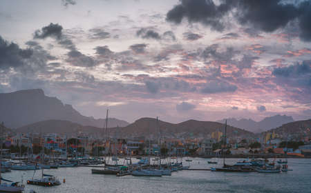 Ferry in Mindelo Harbor in the early morning light on Sao Vicente Island, Cape Verdeの写真素材
