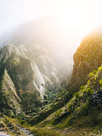 Epic view of the ravine canyon covered with green lotus and banana and other tropical plants. Warm sunrays light comming throught. Santa Antao Island. Cape Verdeの写真素材