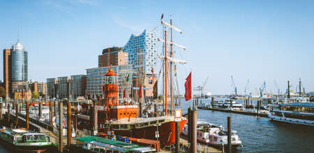 Hamburg, Germany - May 17, 2018: HafenCity, Speicherstadt: Panoramic view with the Elbe Philharmonic Hall or Elbphilharmonie, a concert hall in the central HafenCity quarterのeditorial素材