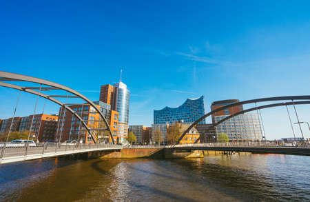 Hamburg, Germany - May 17, 2018: HafenCity, Speicherstadt: Panoramic view in front of the modern...