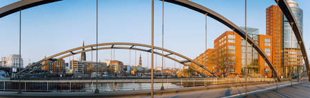 Hamburg, Germany - May 17, 2018: Panoramic view of Niederbaumbrucke Bridge in HafenCity, Speicherstadt, Hamburgのeditorial素材