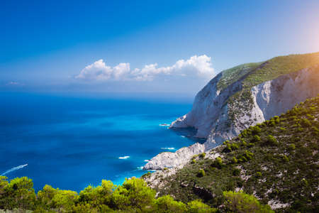 Zakynthos steep coastline, limestone cliffs on the western part of island. Greeceの写真素材