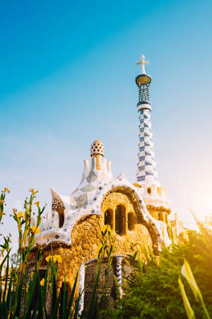 Park Guel, Barcelona, Spain. Famous example of unique mosaic architecture Building. Tourist most...