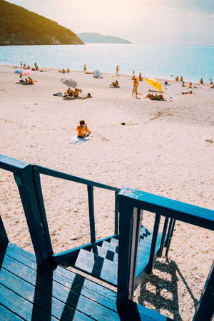 Beach panorama from the lifeguard rescue tower. Summertime summer holiday on mediterrean seaの写真素材