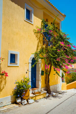 Assos village. Traditional pink colored greek house with bright blue door and windows. Fucsia plant flowers around entrance welcome gate. Kefalonia island, Greeceの写真素材